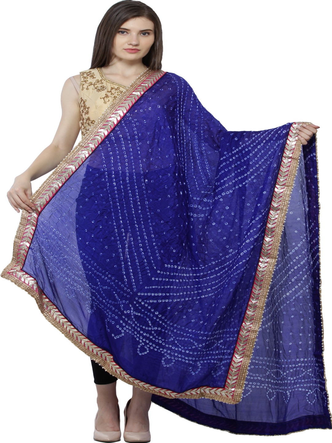 

Exotic India Royal Blue Tie-dye Print and Gota Border Silk Jodhpuri Dupatta