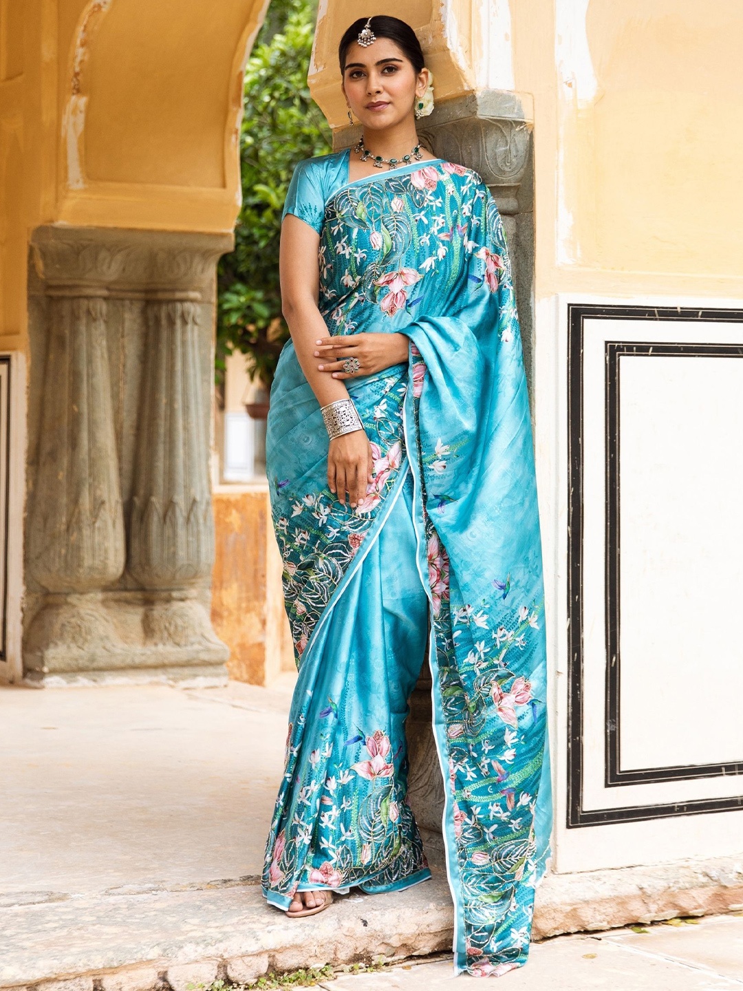 

ASHEERA Floral Embroidered Satin Saree, Blue