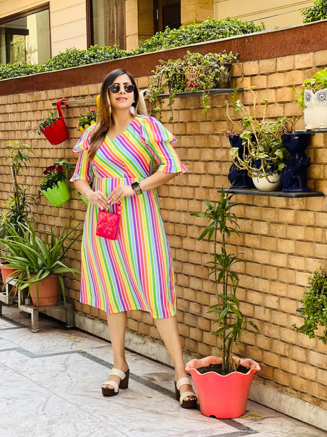 

LAKHINA COUTURE Striped Georgette A-Line Dress, Multi