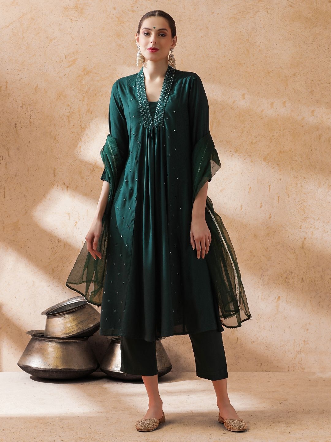 

STYLEBAAZI Embroidered Pleated V-Neck Mirror Work A-Line Kurta With Trousers And Dupatta, Green