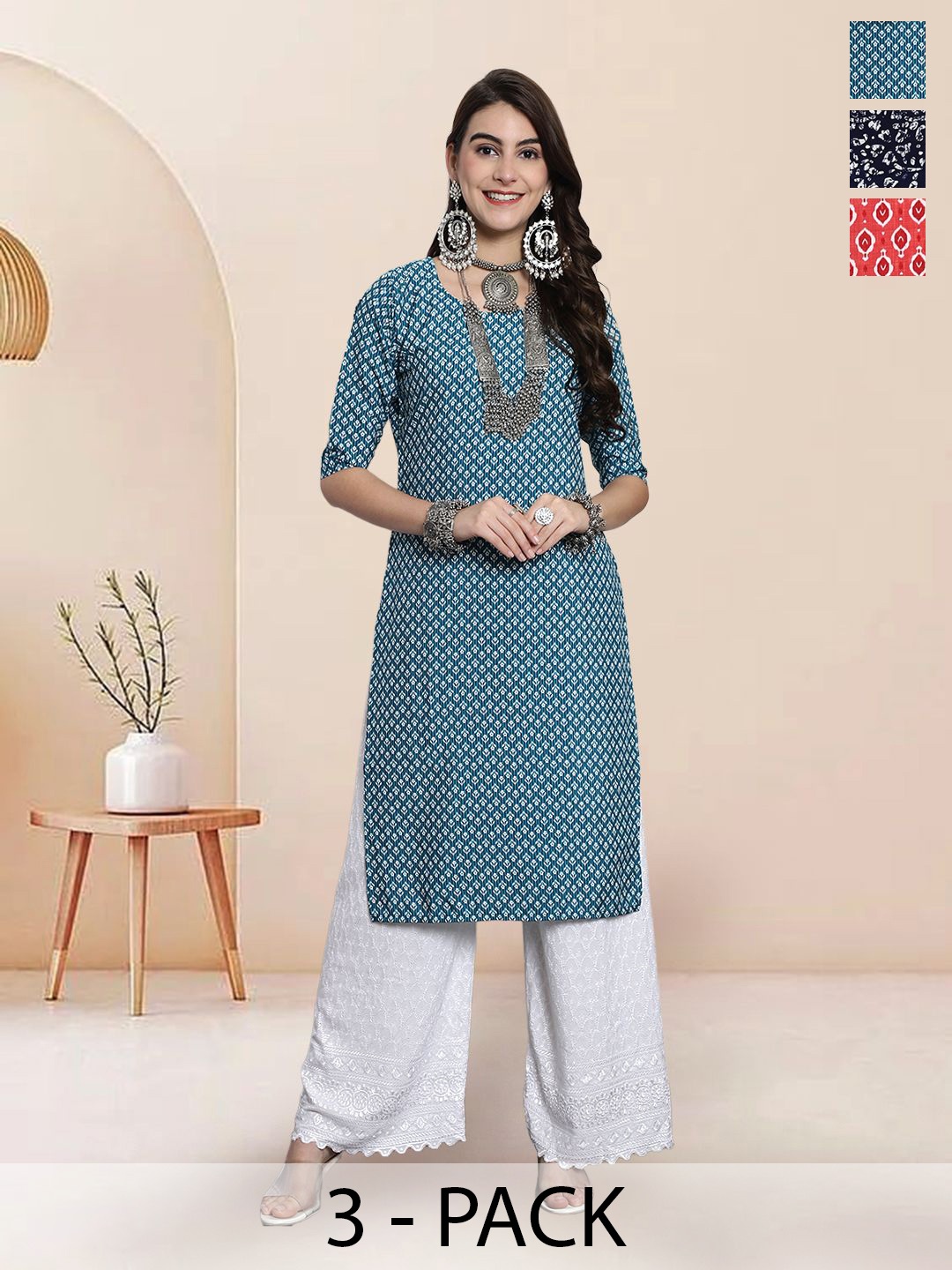 

7Threads Selection Of 3 Ethnic Motifs Printed Round Neck Kurtas, Blue