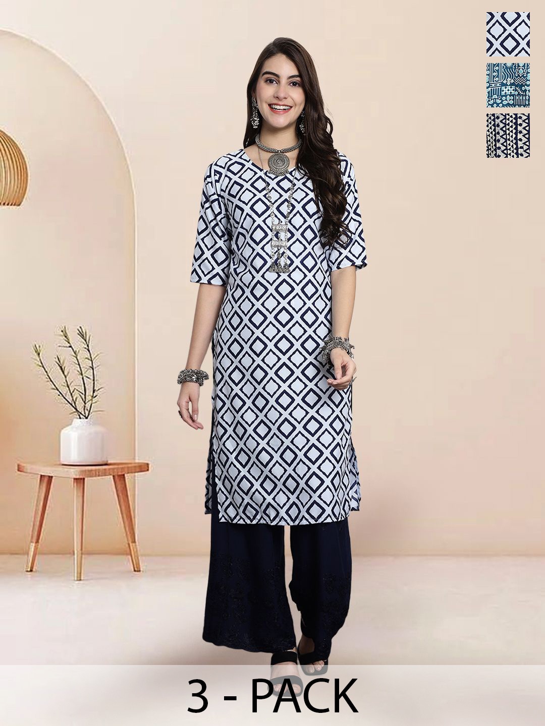 

7Threads Selection Of 4 Geometric Printed Straight Round Neck Kurtas, White