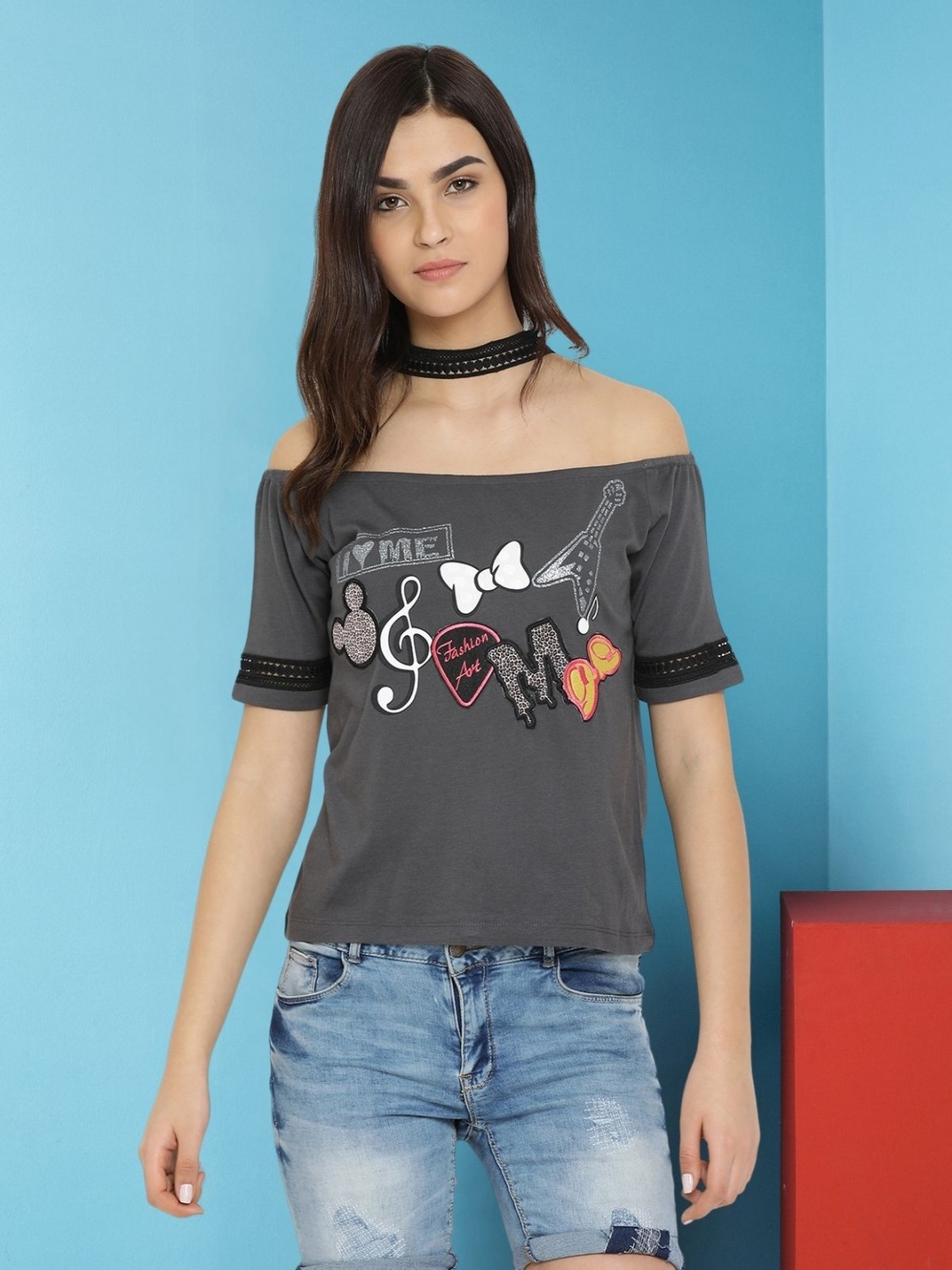 

Moda Elementi Print Off-Shoulder Cotton Top, Grey