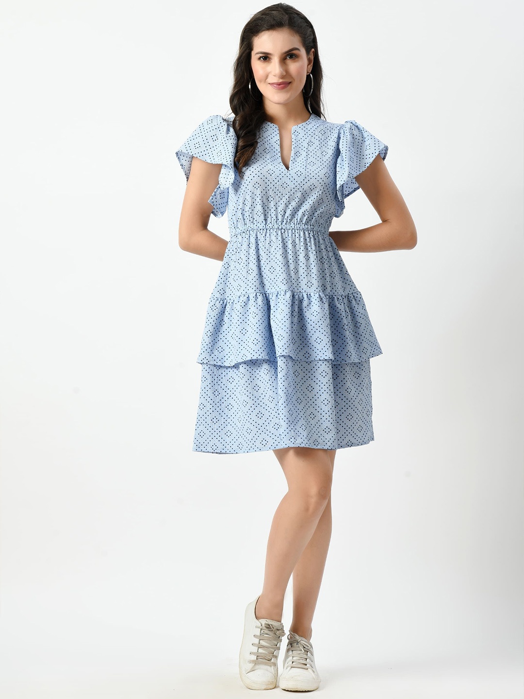 

Hencemade Print Flutter Sleeve Fit & Flare Dress, Blue