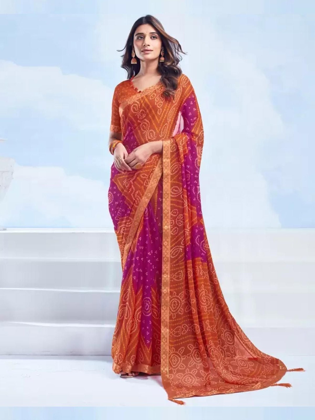 

DURGA EMPORIO Bandhani Pure Chiffon Bandhani Saree, Orange