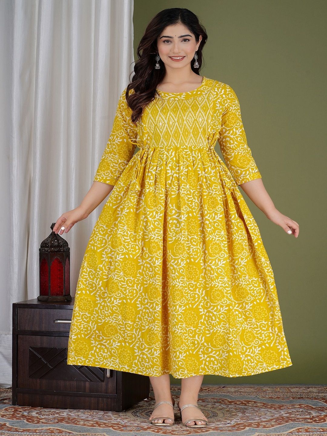 

Nevisha Style Women Floral Printed Thread Work Floral Maternity Anarkali Kurta, Yellow