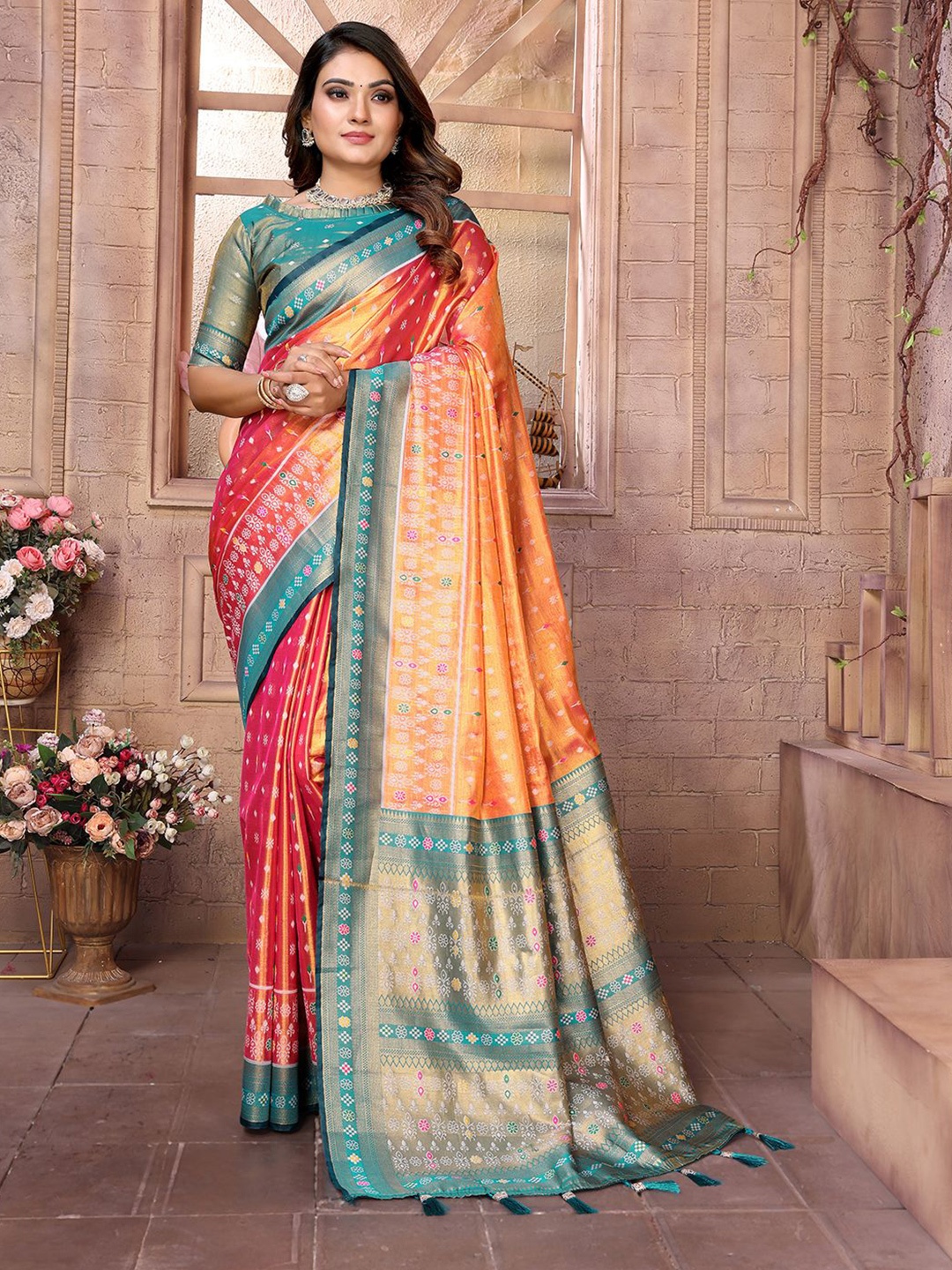 

Panzora Woven Design Zari Silk Blend Banarasi Saree, Orange