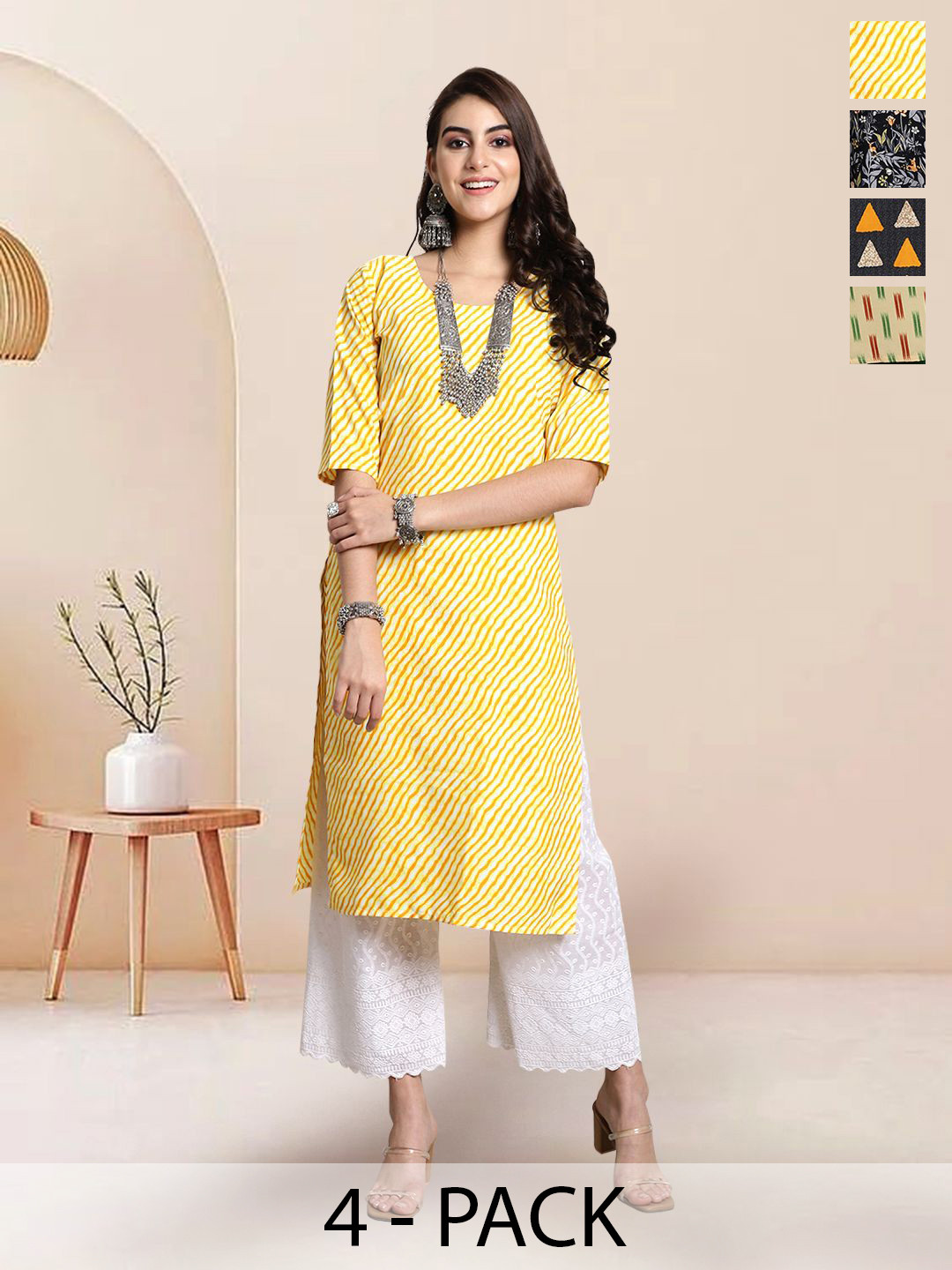 

7Threads Selection Of 4 Leheriya Printed Round Neck Straight Kurtas, Yellow