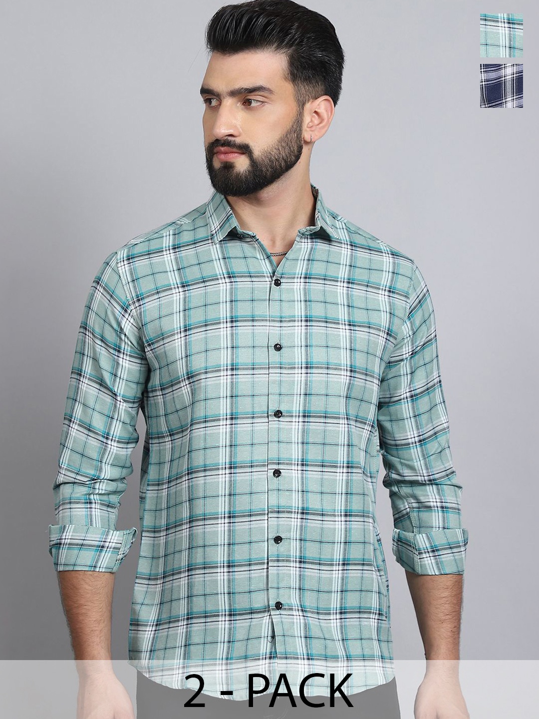 

Tanip Men Pack Of 2 Spread Collar Tartan Checked Cotton Casual Shirts, Green