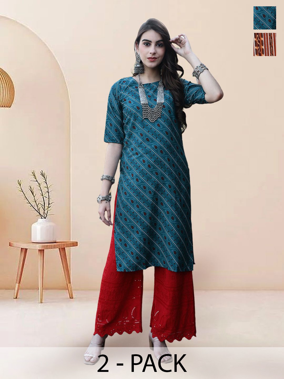 

7Threads Selection of 2 Bandhani Printed Round Neck Straight Kurtas, Green