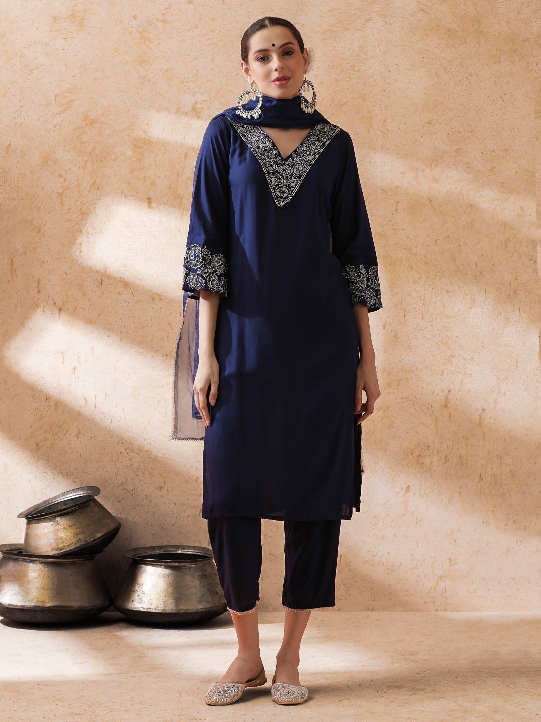 

STYLEBAAZI V-Neck Floral Bell Sleeves Embroidered Straight Kurta With Trousers And Dupatta, Navy blue