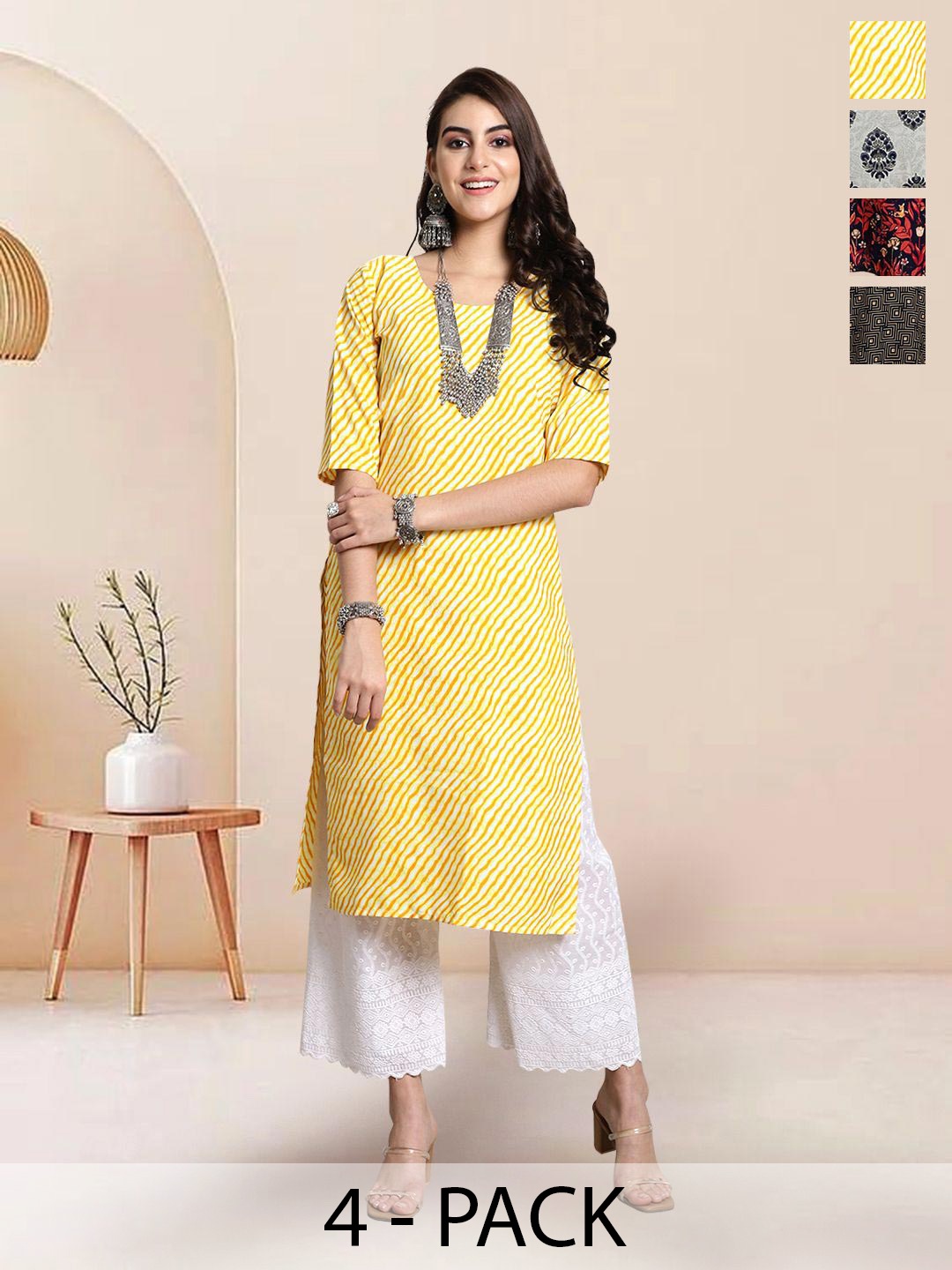 

7Threads Selection Of 4 Leheriya Printed Round Neck Kurtas, Yellow