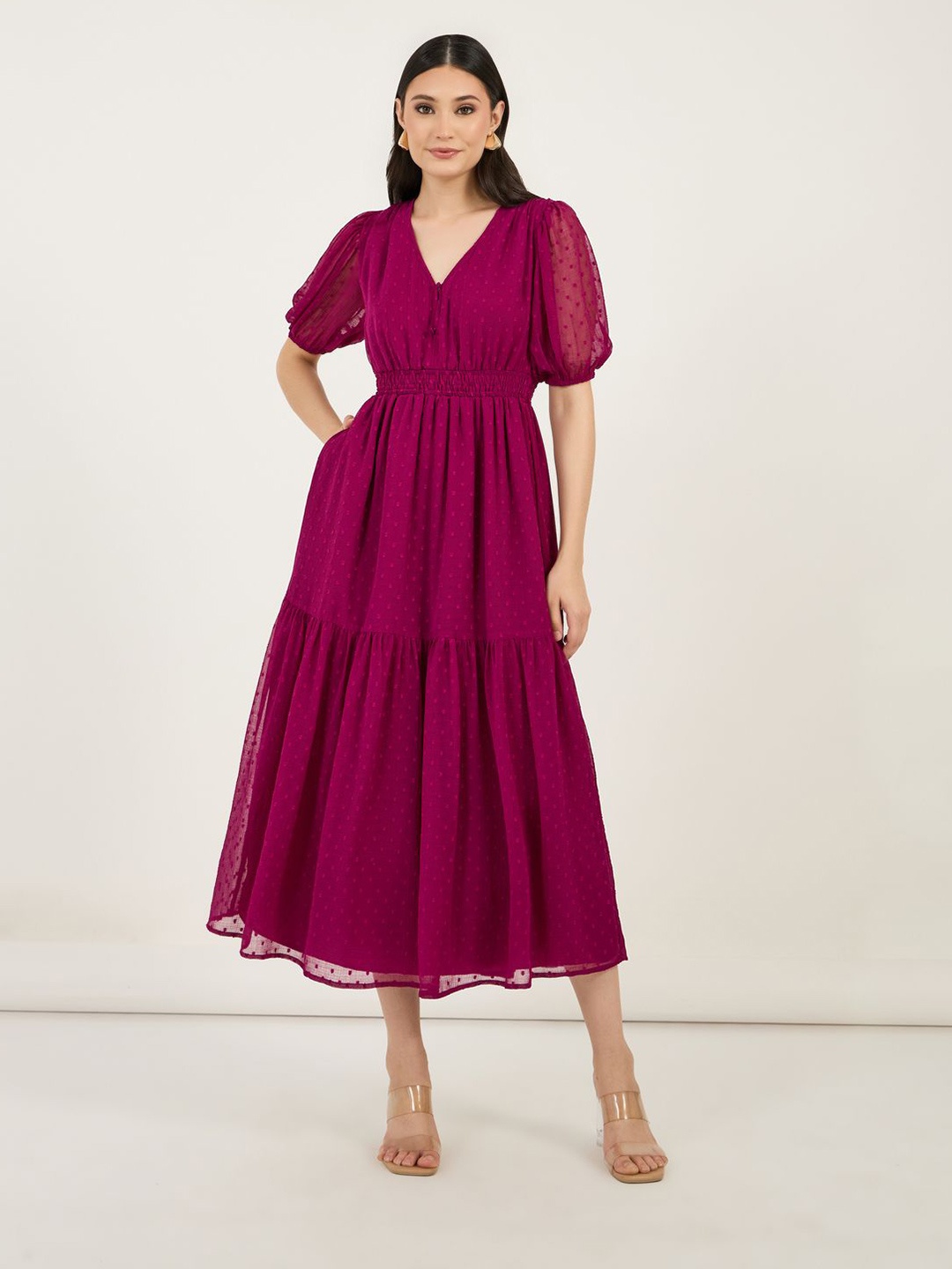 

Styli Women V-Neck Puff Sleeves A-Line Maxi Dress, Purple