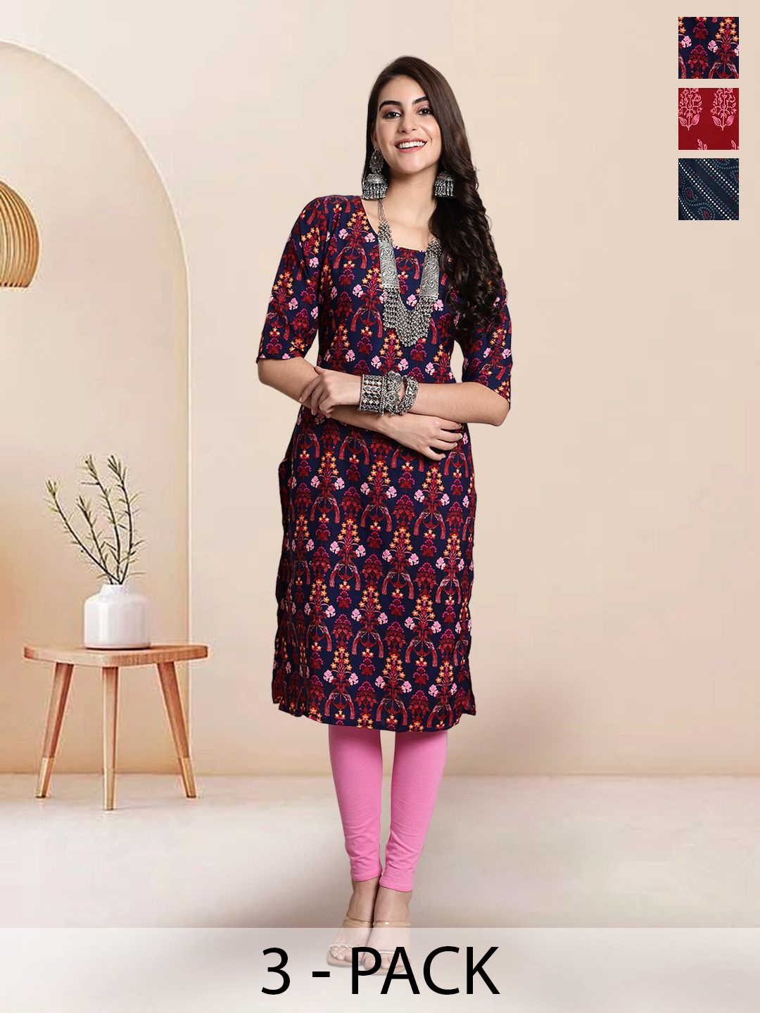 

7Threads Selection Of 3 Ethnic Motifs Printed Round Neck Straight Kurtas, Navy blue