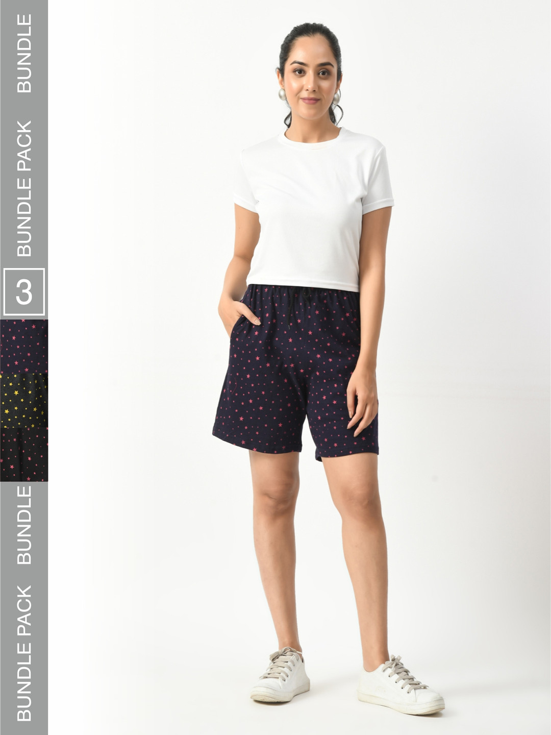 

BAESD Women Pack Of 3 Printed High-Rise Cotton Hotpant Shorts, Navy blue
