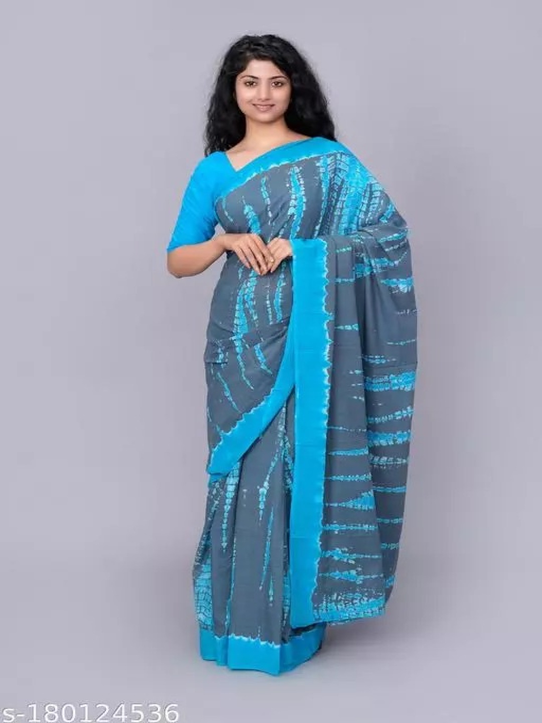 

KIAARON Tie and Dye Pure Cotton Block Print Saree, Grey