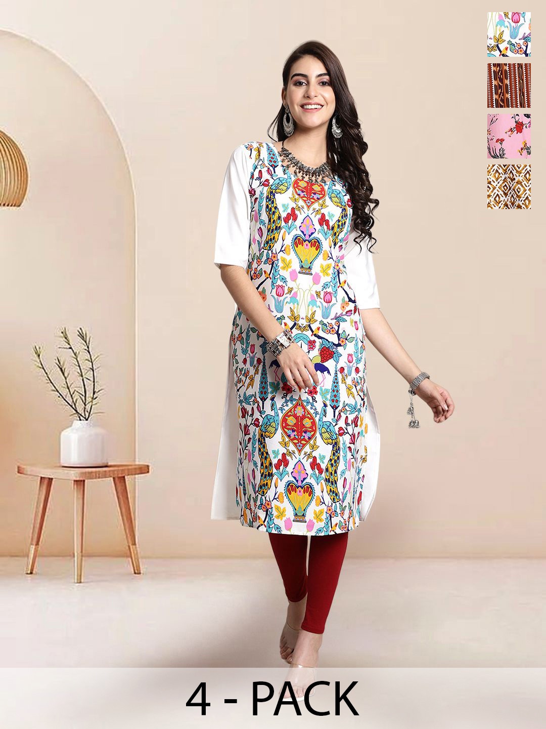 

7Threads Selection Of 4 Floral Printed Round Neck Straight Kurtas, White
