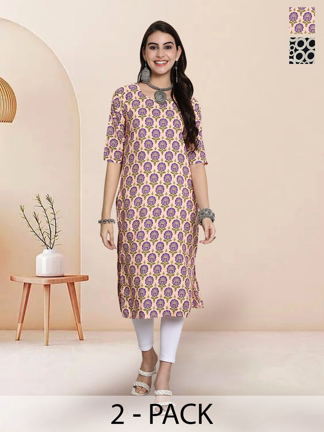 

7Threads Selection Of 2 Floral Printed Round Neck Straight Kurtas, Cream