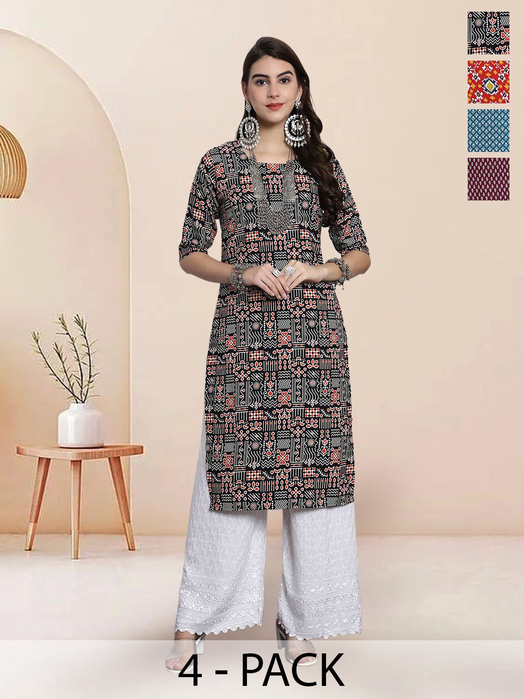 

7Threads Selection of 4 Ethnic Motifs Printed Round Neck Straight Kurtas, Black