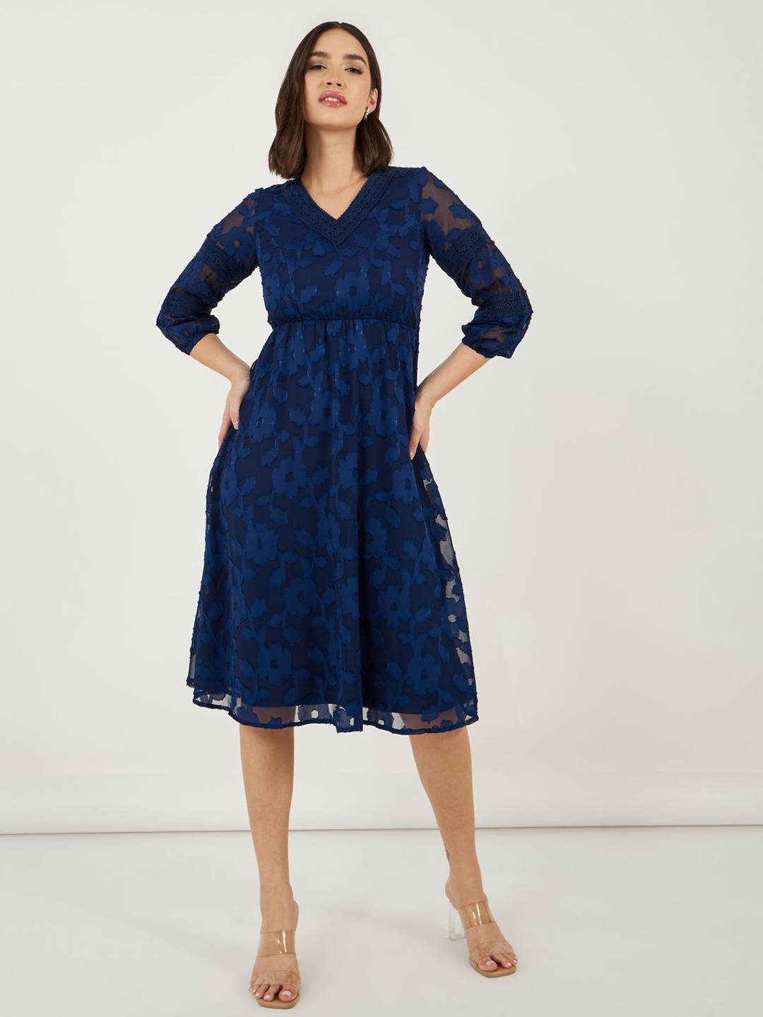 

Styli Women V-Neck 3/4th Sleeves A-Line Midi Dress, Navy blue