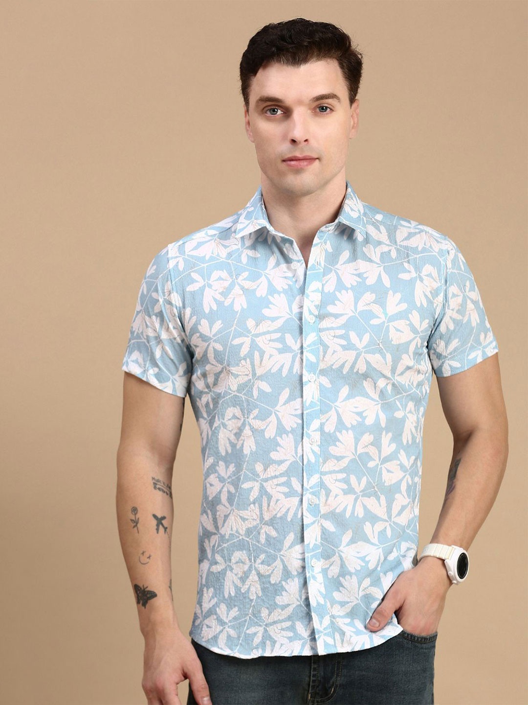 

Classic Polo Men India Slim Fit Spread Collar Floral Printed Cotton Casual Shirt, Blue