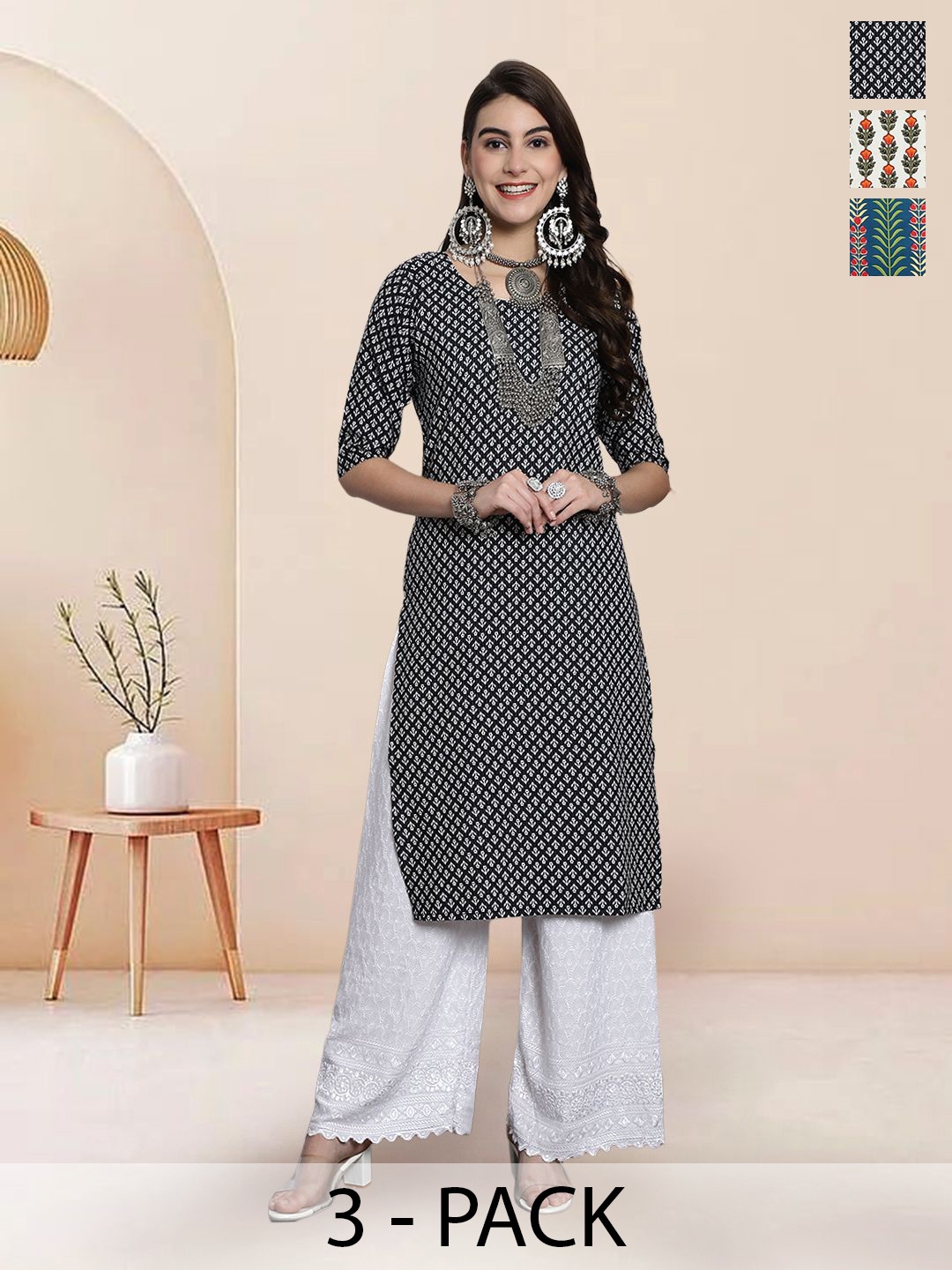 

7Threads Selection of 3 Floral Printed Round Neck Straight Kurtas, Black
