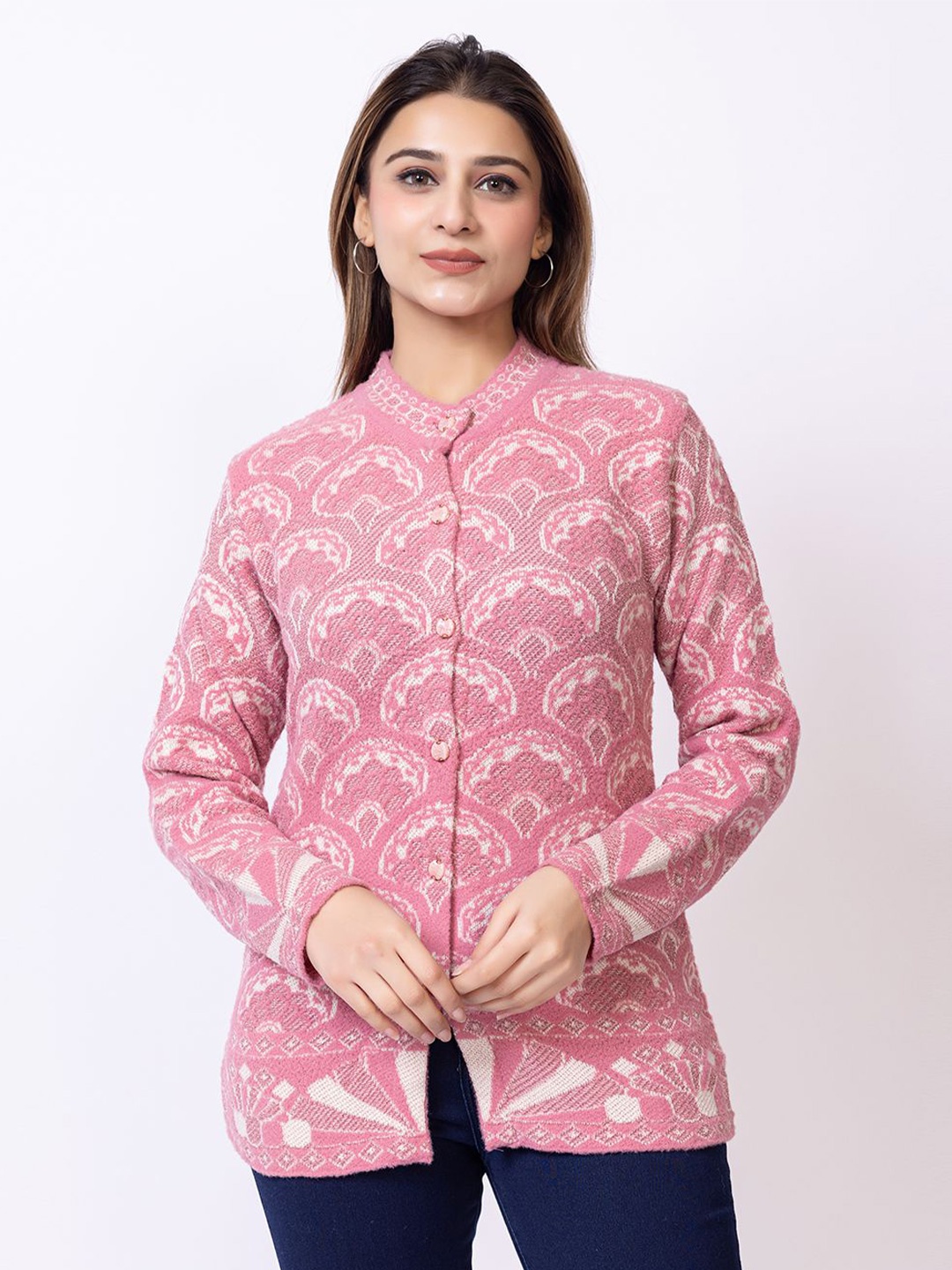 

Lady Leaf Women Embroidered Woollen Cardigan, Pink