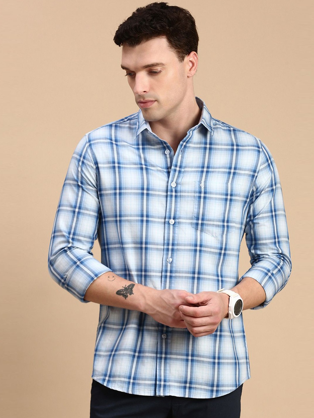 

Classic Polo Men India Slim Fit Spread Collar Tartan Checked Cotton Casual Shirt, Blue