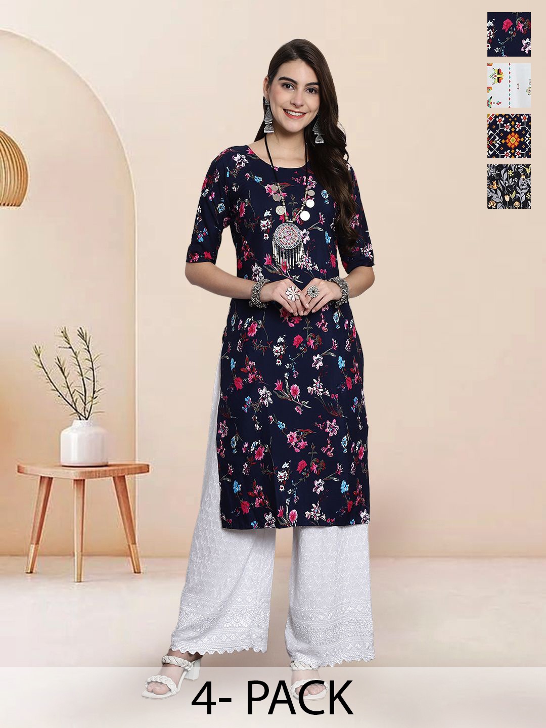 

7Threads Selection Of 4 Floral Printed Round Neck Kurtas, Navy blue