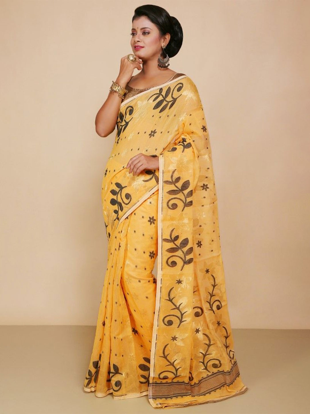 

BENGAL HANDLOOM Woven Design Art Silk Jamdani Saree, Yellow