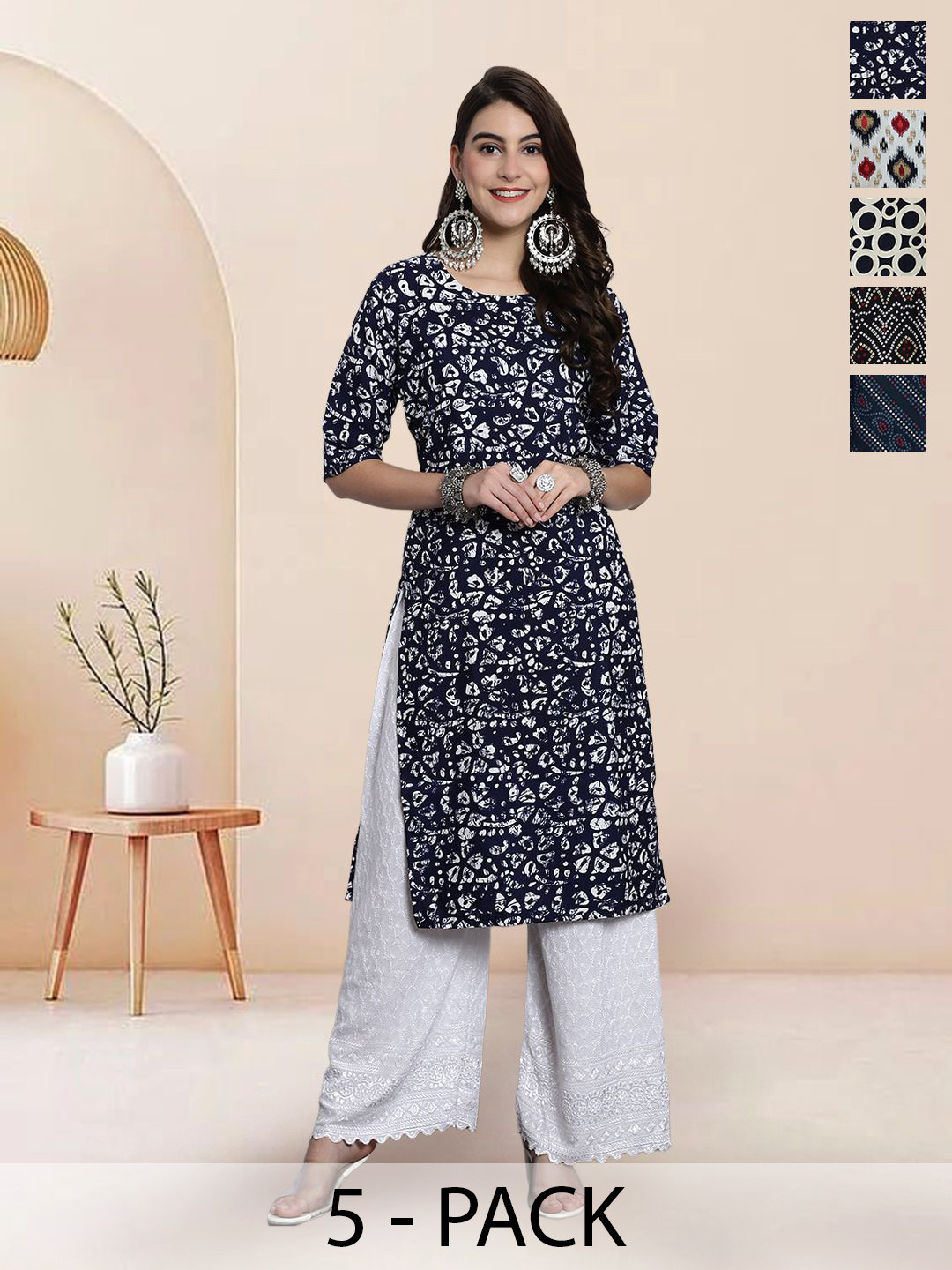 

7Threads Selection Of 5 Floral Printed Round Neck Straight Kurtas, Black
