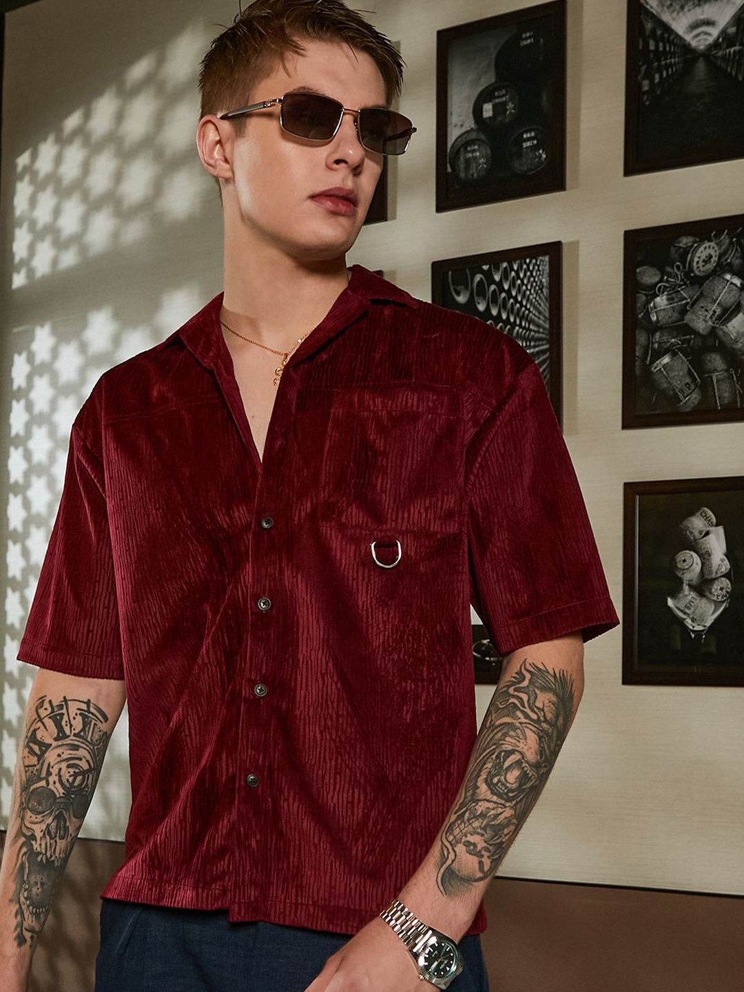 

Campus Sutra Men Comfort Relaxed Fit Cuban Collar Textured Casual Shirt, Red