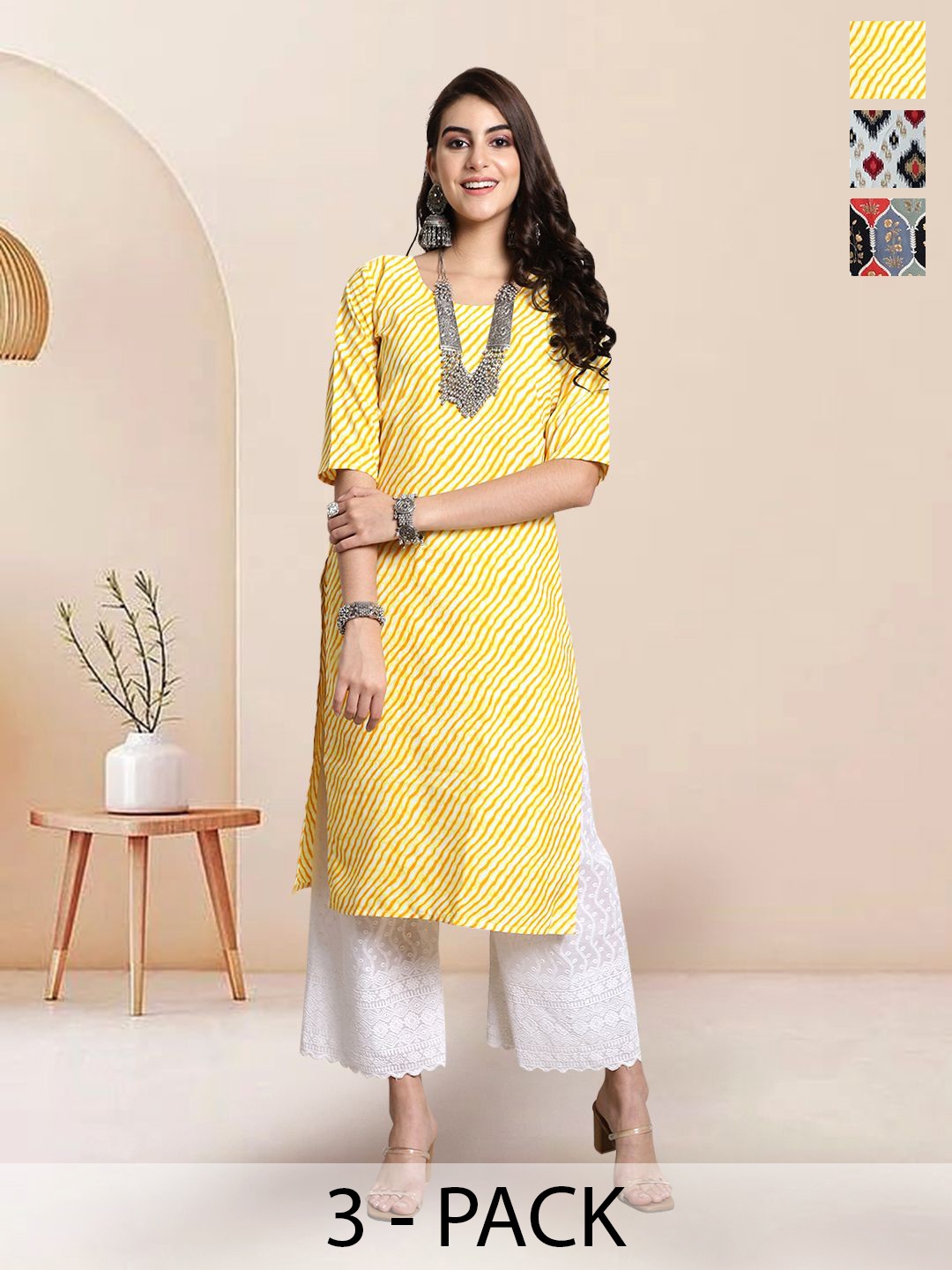 

7Threads Selection Of 4 Leheriya Printed Round Neck Straight Kurtas, Yellow
