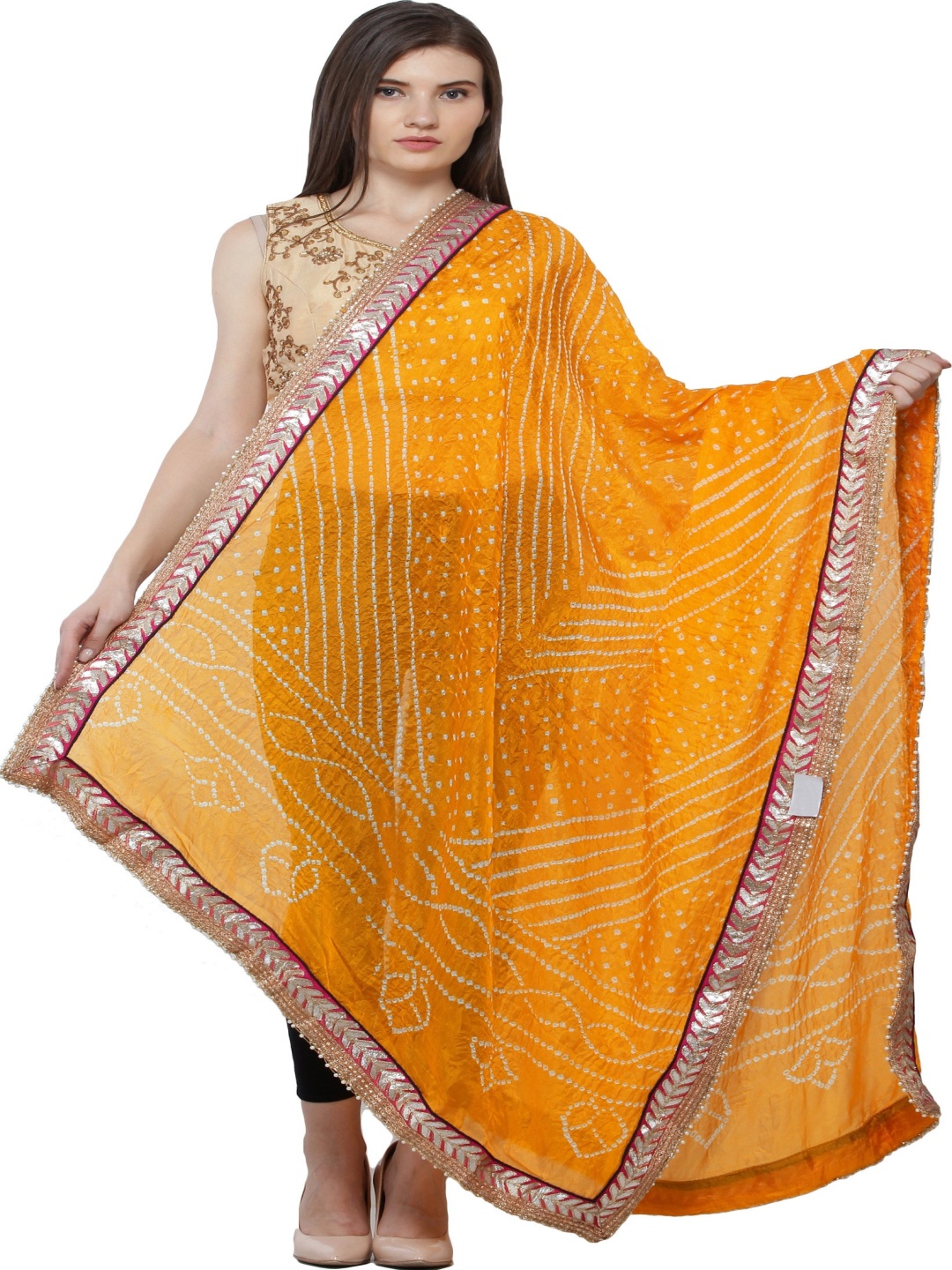 

Exotic India Zinnia Tie-dye Print and Gota Border Silk Jodhpuri Dupatta, Orange