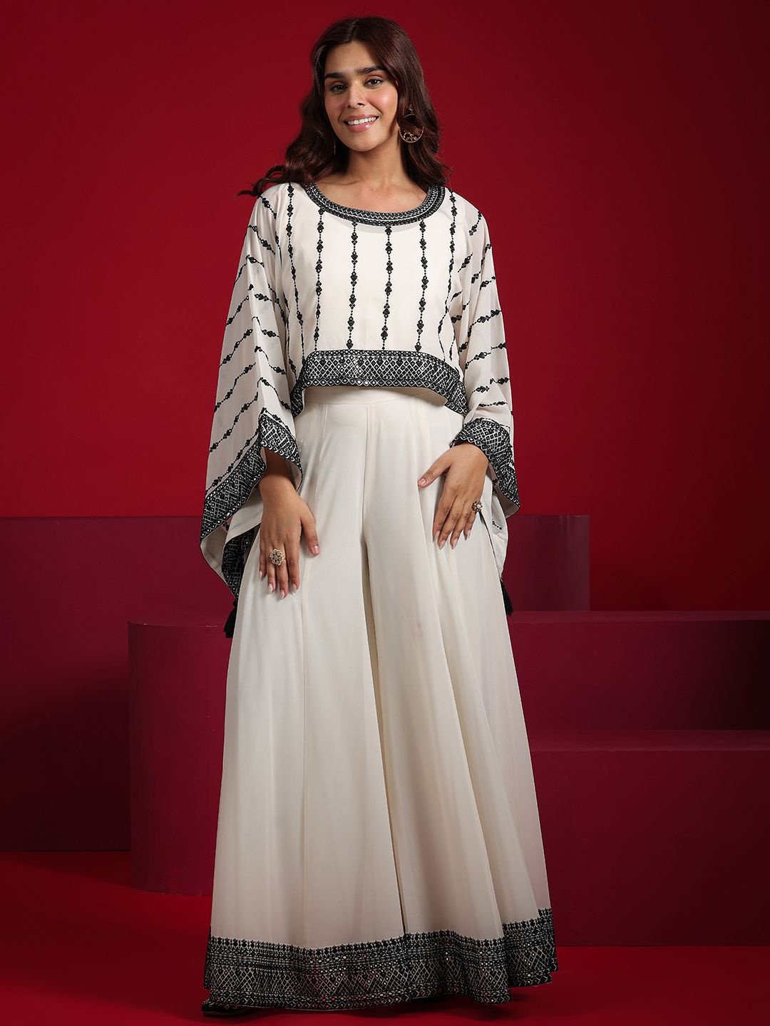 

Libas Art Embroidered Round Neck Top With Palazzo & Inner Top, Off white