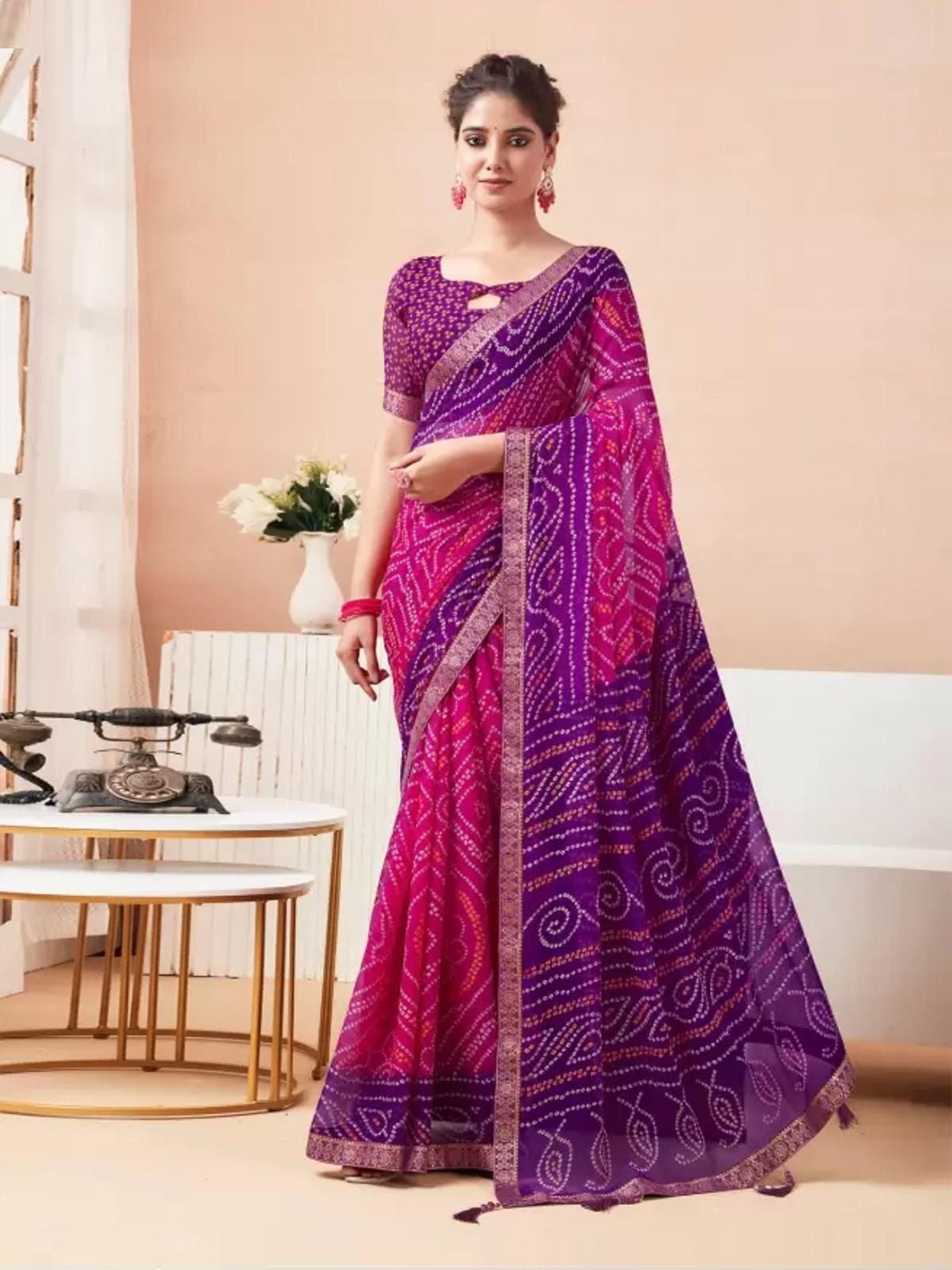 

DURGA EMPORIO Bandhani Zari Pure Chiffon Bandhani Saree, Magenta