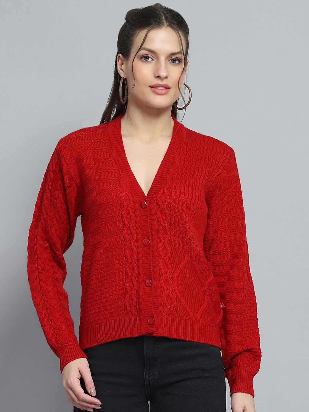 

Monte Carlo Women Cable Knit Woollen Cardigan, Red