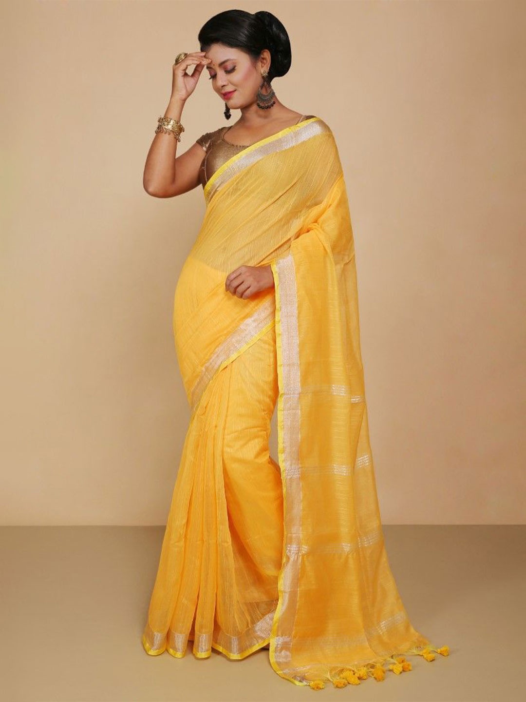 

BENGAL HANDLOOM Zari Art Silk Taant Saree, Yellow