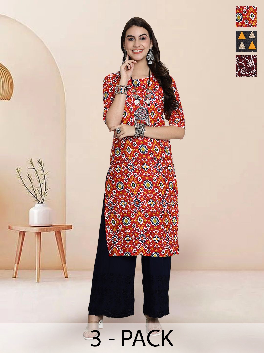 

7Threads Selection of 3 Ethnic Motifs Printed Round Neck Straight Kurtas, Red