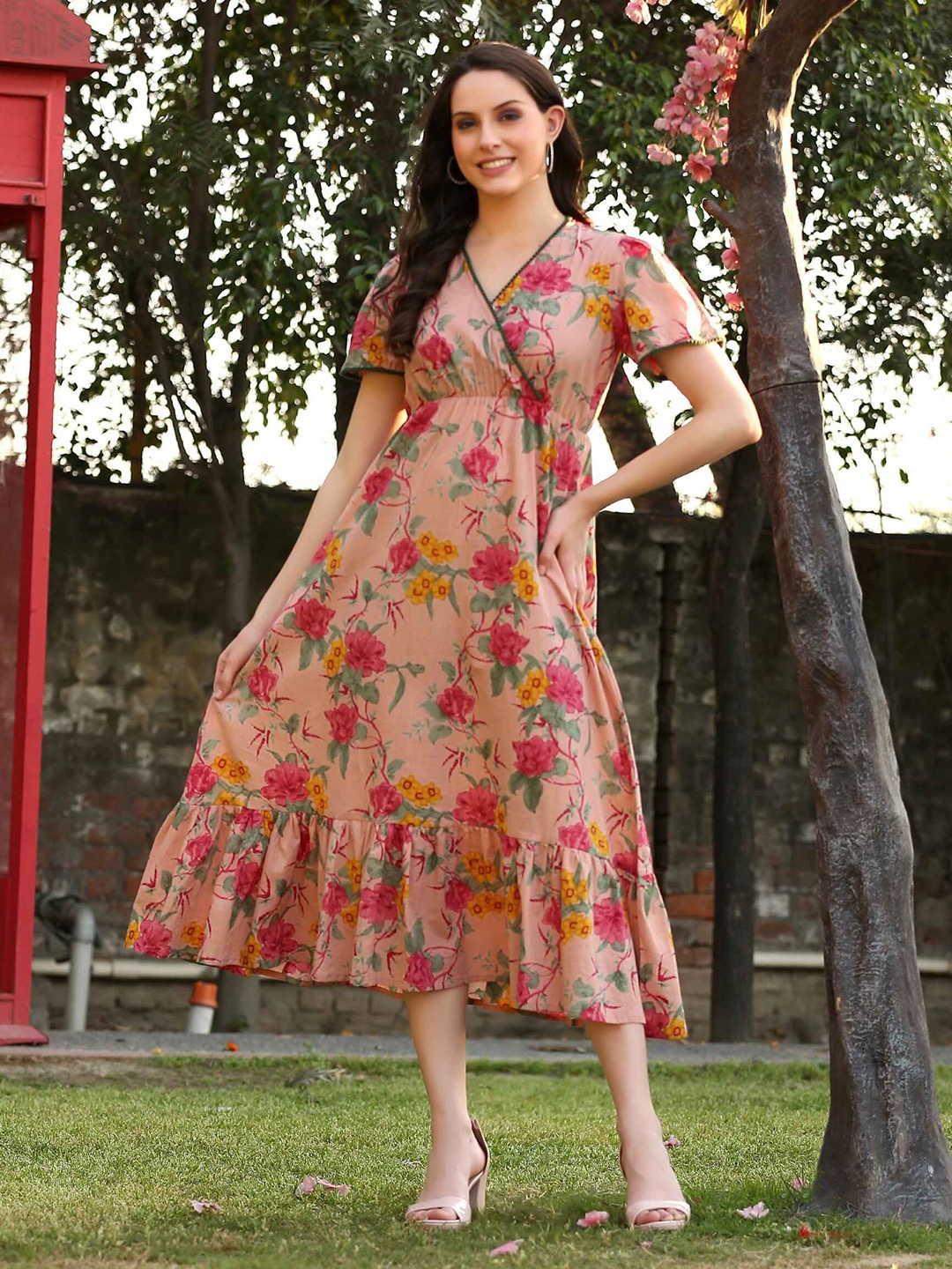 

DECKEDUP Floral Print A-Line Midi Dress, Pink