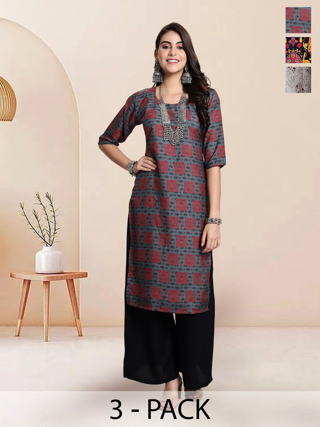 

7Threads Selection Of 3 Geometric Printed Round Neck Straight Kurta, Grey