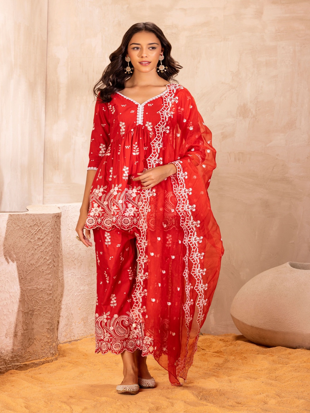 

SEW Floral Embroidered Thread Work Empire Pure Cotton A-Line Kurti With Palazzos & Dupatta, Red