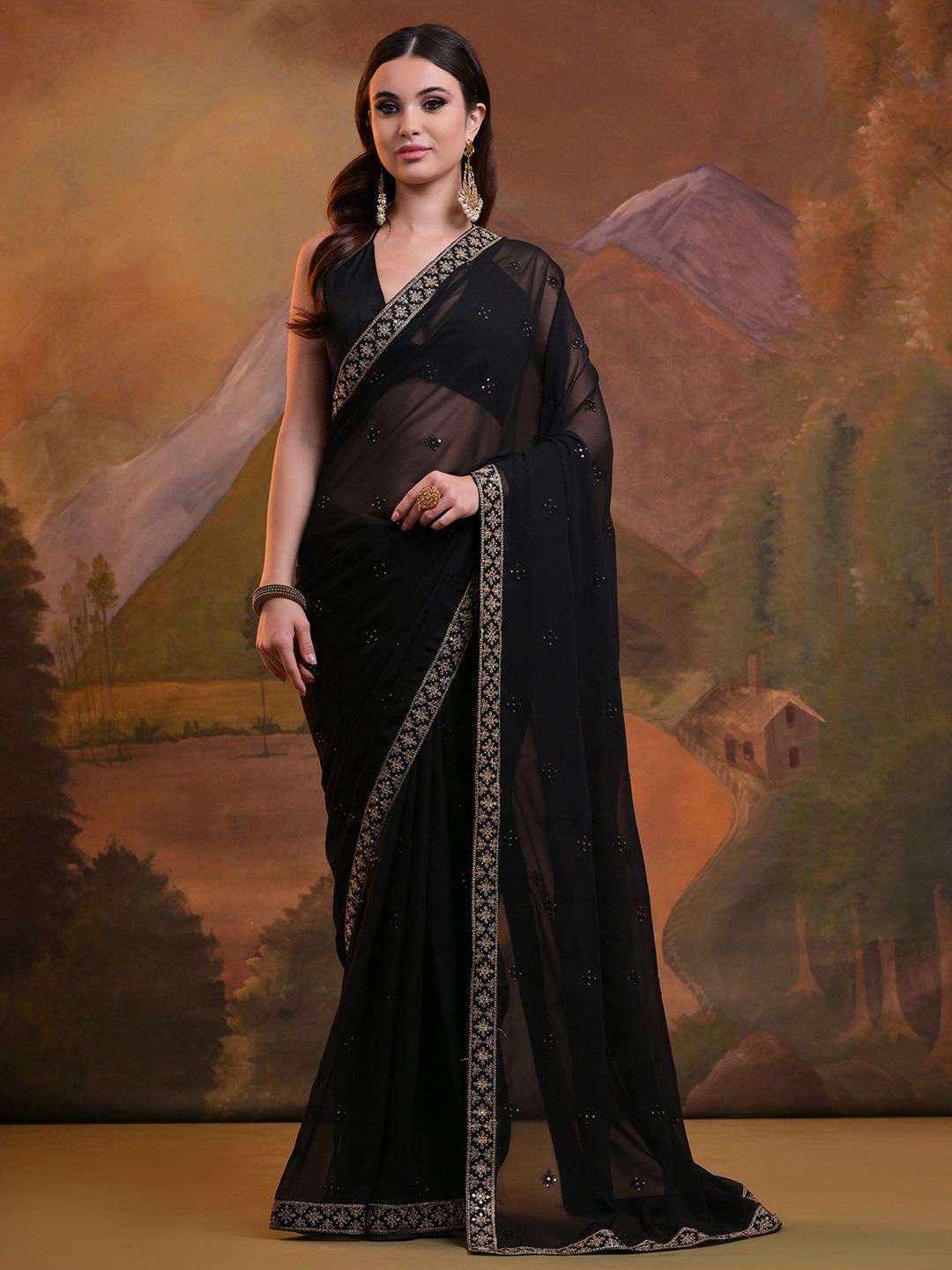 

KALINI Embellished Sequinned Poly Georgette Saree, Black