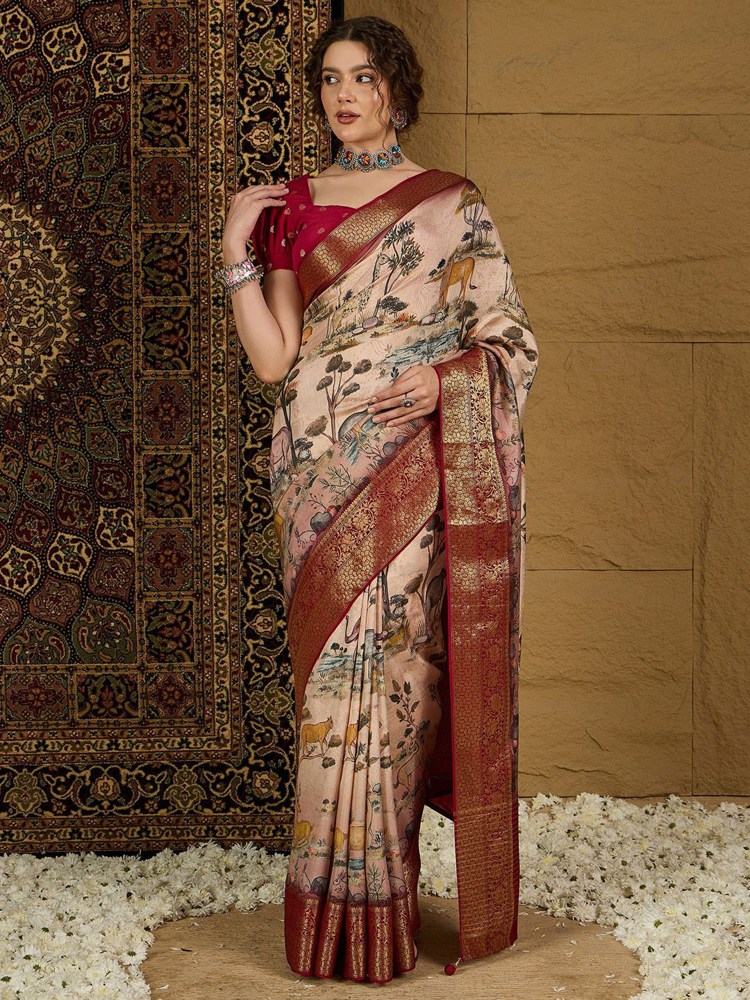 

Anouk Ethnic Motifs Zari Silk Blend Sungudi Saree, Beige