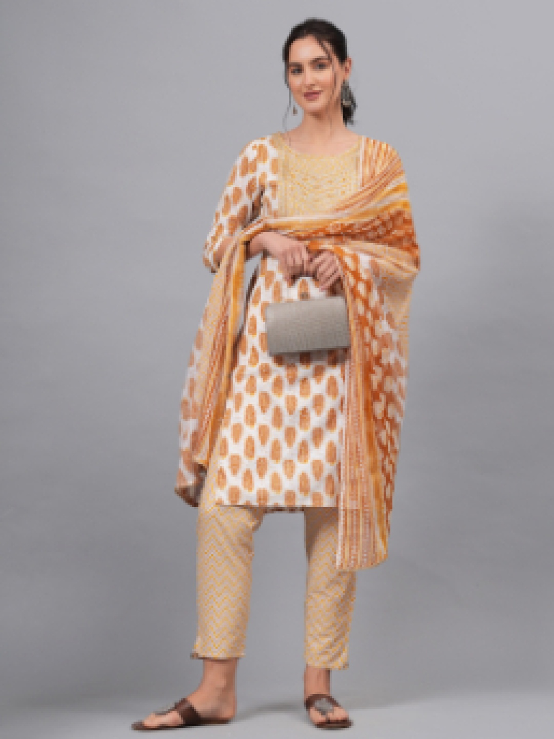 

JC4U Ethnic Motifs Regular Thread Work Pure Cotton Kurta With Trousers & Dupatta, Yellow