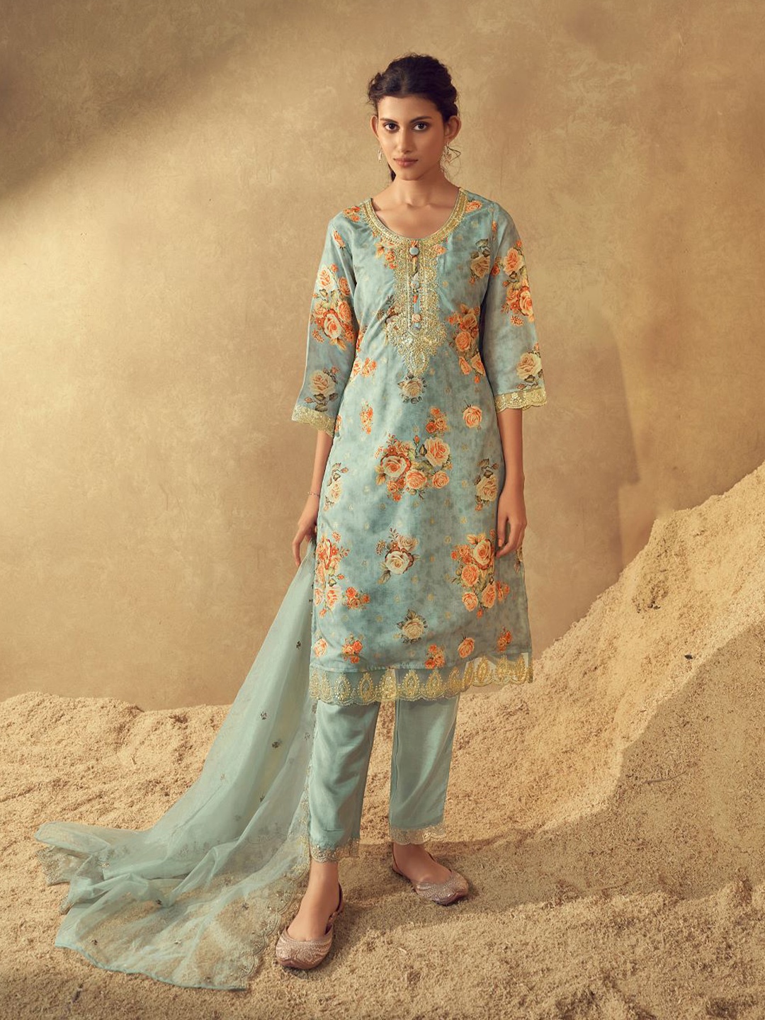 

Mitera Floral Printed Straight Kurta With Trousers & Dupatta, Sea green