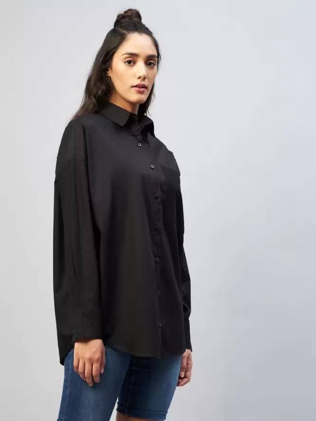

Fab Star Classic Opaque Spread Collar Casual Pure Cotton Oversized Shirt, Black