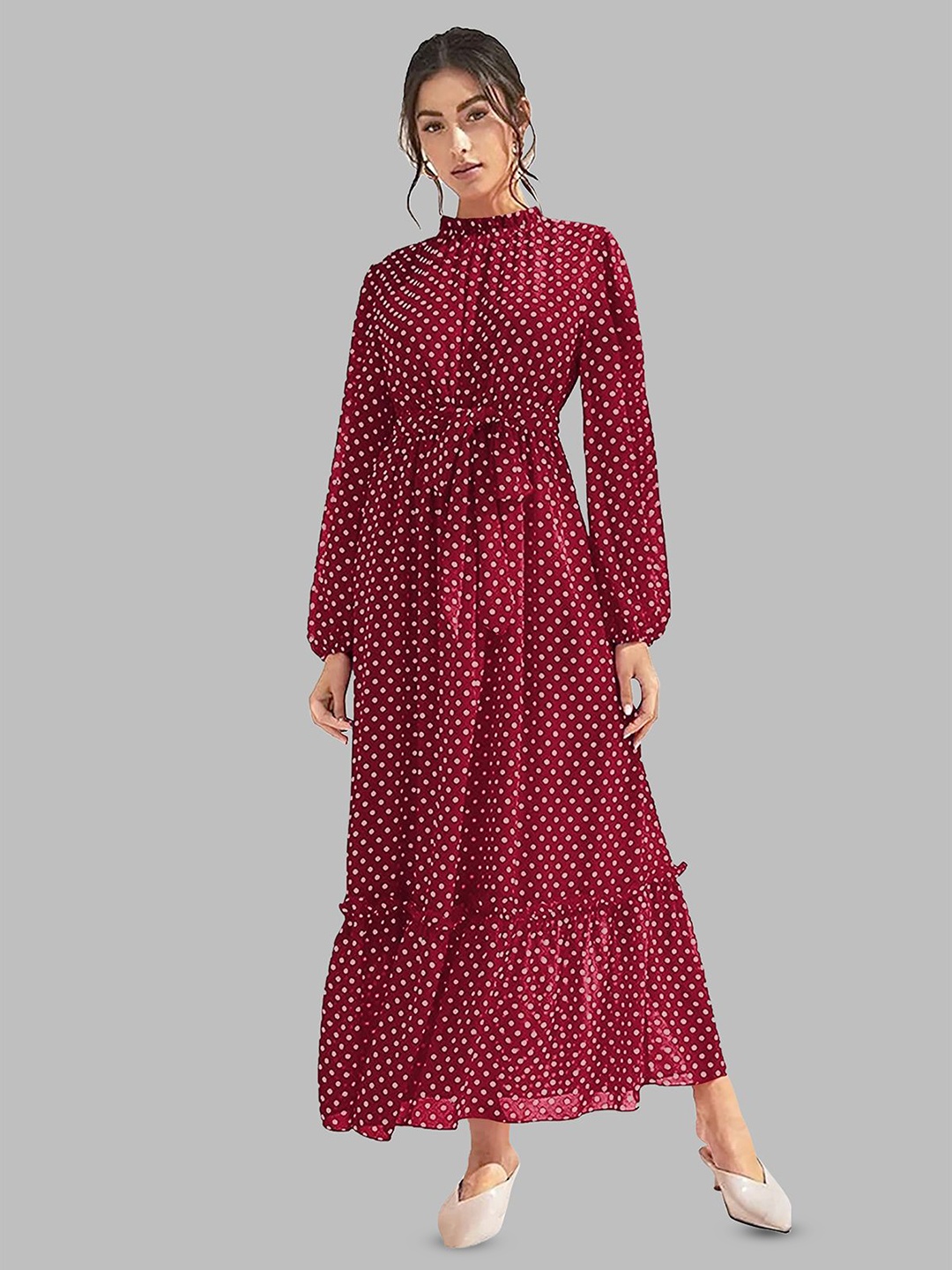 

DHUNKI Print Puff Sleeve Georgette Fit & Flare Maxi Dress, Maroon