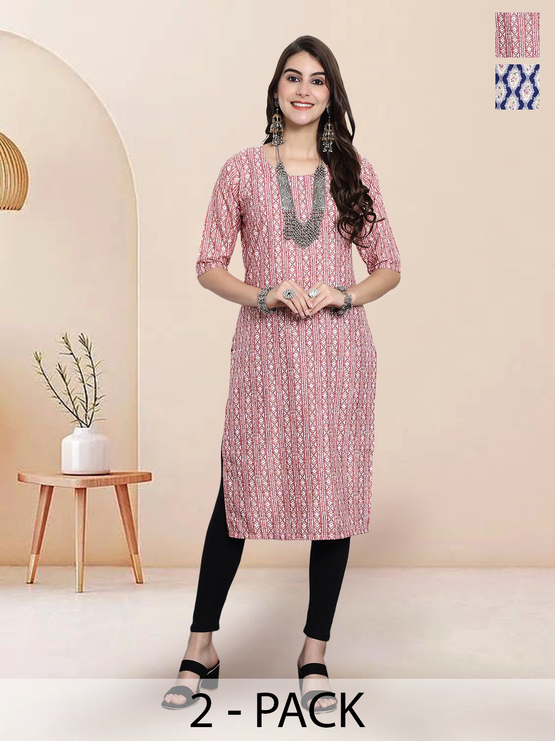 

7Threads Selection Of 2 Geometric Printed Round Neck Kurtas, Pink
