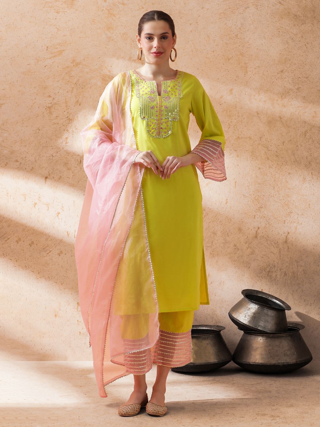 

STYLEBAAZI Notch-Neck Embroidered Pure Cotton Straight Kurta With Trousers And Dupatta, Lime green